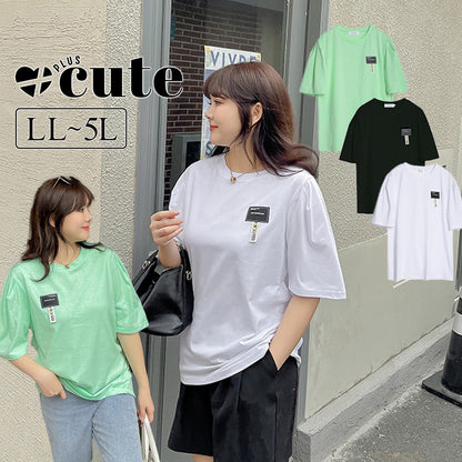 大きいサイズ レディース ラベルデザインラウンドネックTシャツ LL 3L 4L 5L