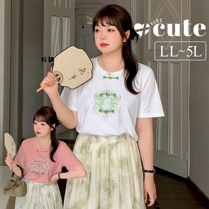 大きいサイズ レディース レトロチャイナスタイルラウンドネック半袖Tシャツ LL 3L 4L 5L