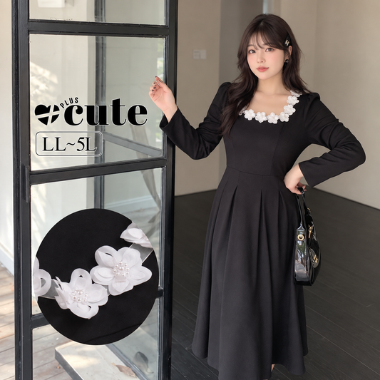 大きいサイズ レディース フラワーネックスリムフィットニットワンピース LL 3L 4L 5L