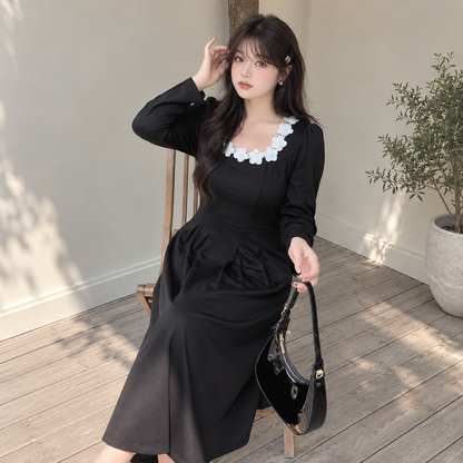 大きいサイズ レディース フラワーネックスリムフィットニットワンピース LL 3L 4L 5L