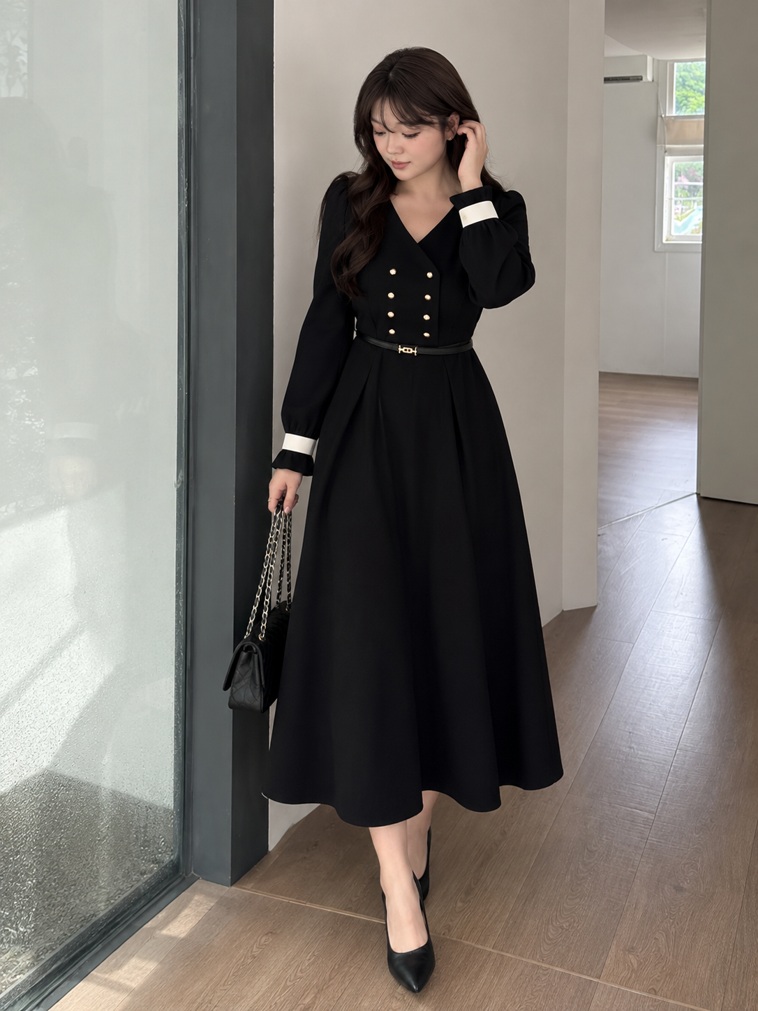 大きいサイズ レディース フリルVネックダブルブレストワンピース（ベルト別売） LL 3L 4L 5L