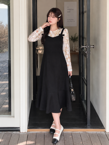 大きいサイズ レディース 花柄レースボトムシャツ+サスペンダースカート2点セット LL 3L 4L 5L