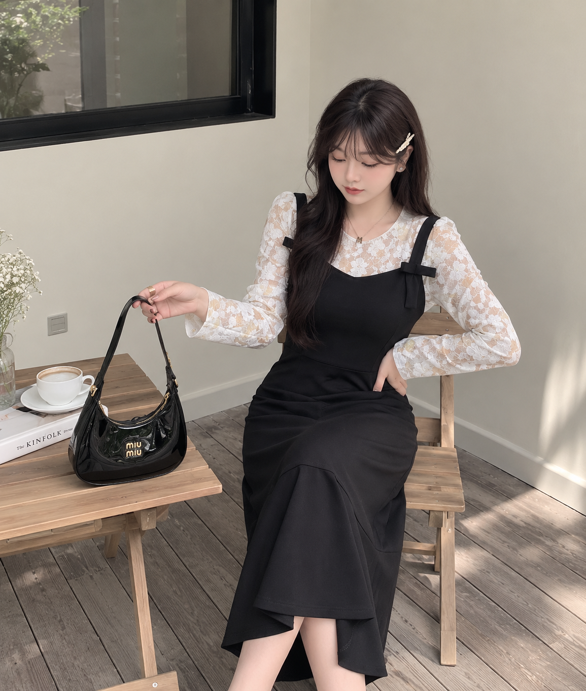 大きいサイズ レディース 花柄レースボトムシャツ+サスペンダースカート2点セット LL 3L 4L 5L