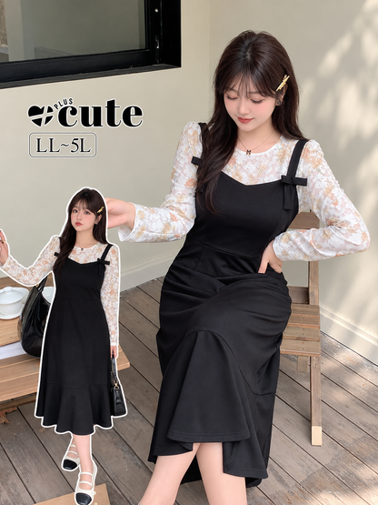 大きいサイズ レディース 花柄レースボトムシャツ+サスペンダースカート2点セット LL 3L 4L 5L