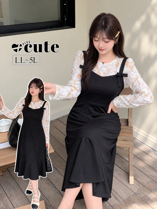 大きいサイズ レディース 花柄レースボトムシャツ+サスペンダースカート2点セット LL 3L 4L 5L
