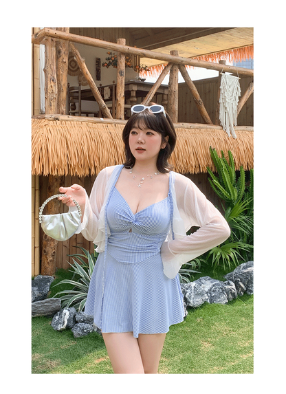 大きいサイズ レディース シアーカーディガン付きストライプワンピース水着 LL 3L 4L