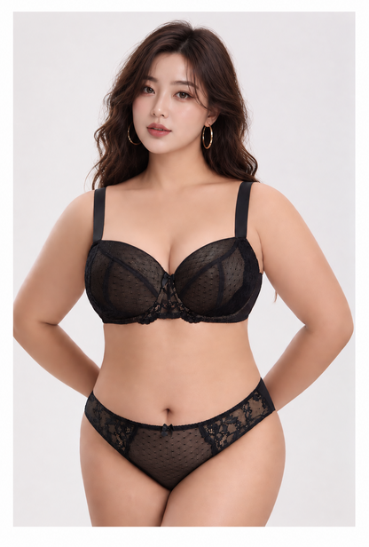 大きいサイズ レディース レース×ドットメッシュブラジャー＆ショーツセット 75-95DEFGHIJ