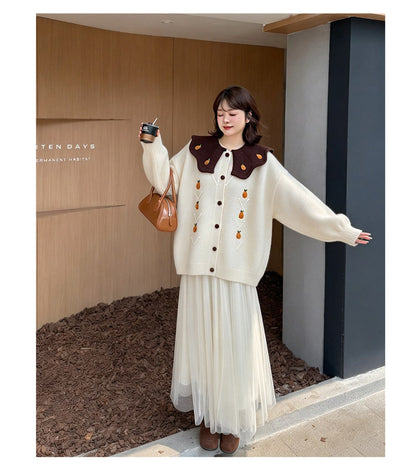 大きいサイズ レディース 洋梨刺繍ビッグカラーニットカーディガン フリーサイズ 7