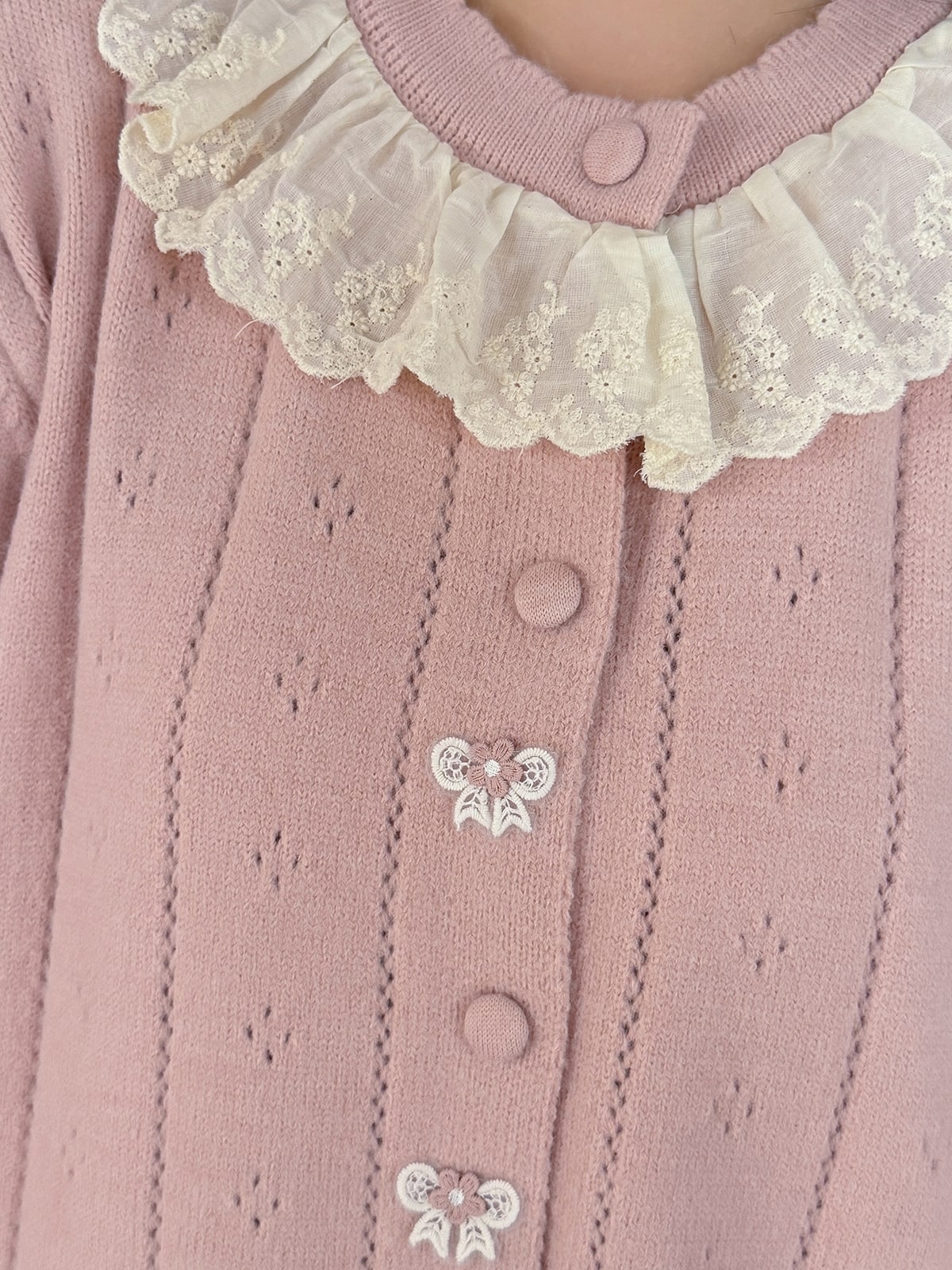 大きいサイズ レディース レースフリル襟リボン刺繍ニットカーディガン フリーサイズ 7