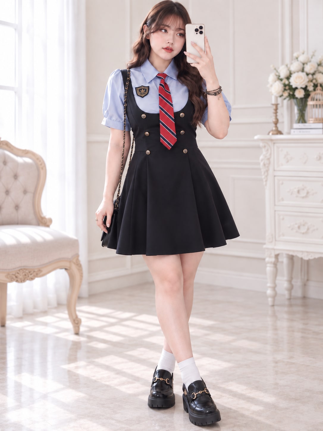 大きいサイズ レディース ネクタイ付きスクール風ジャンパースカート LL 3L 4L 5L ショート 2
