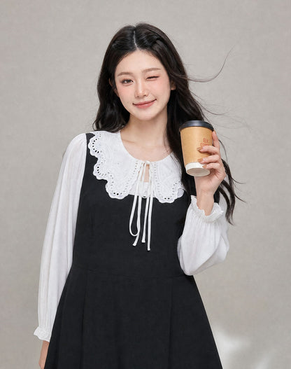 大きいサイズ レディース 刺繍レース襟ドッキングロングワンピース LL 3L 4L 5L 6L 6