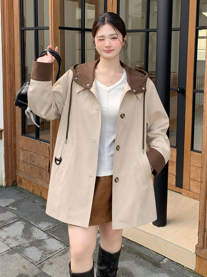 大きいサイズ レディース 配色フード付きステンカラーコート LL 3L 4L 5L 8